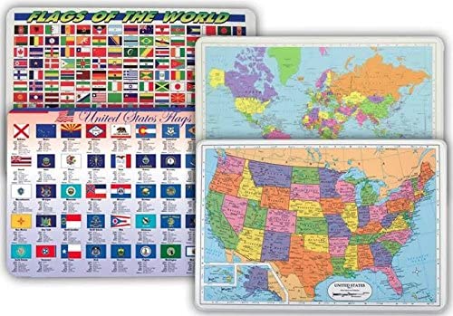 4 Placemat Set: US Flags, World Flags, US Map, World Map