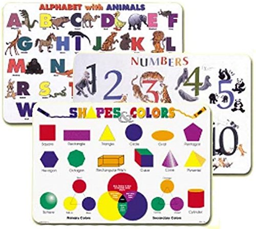 Preschool Placemat Set (3): Numbers with Animals, Alphabet with Animals, Shapes & Colors